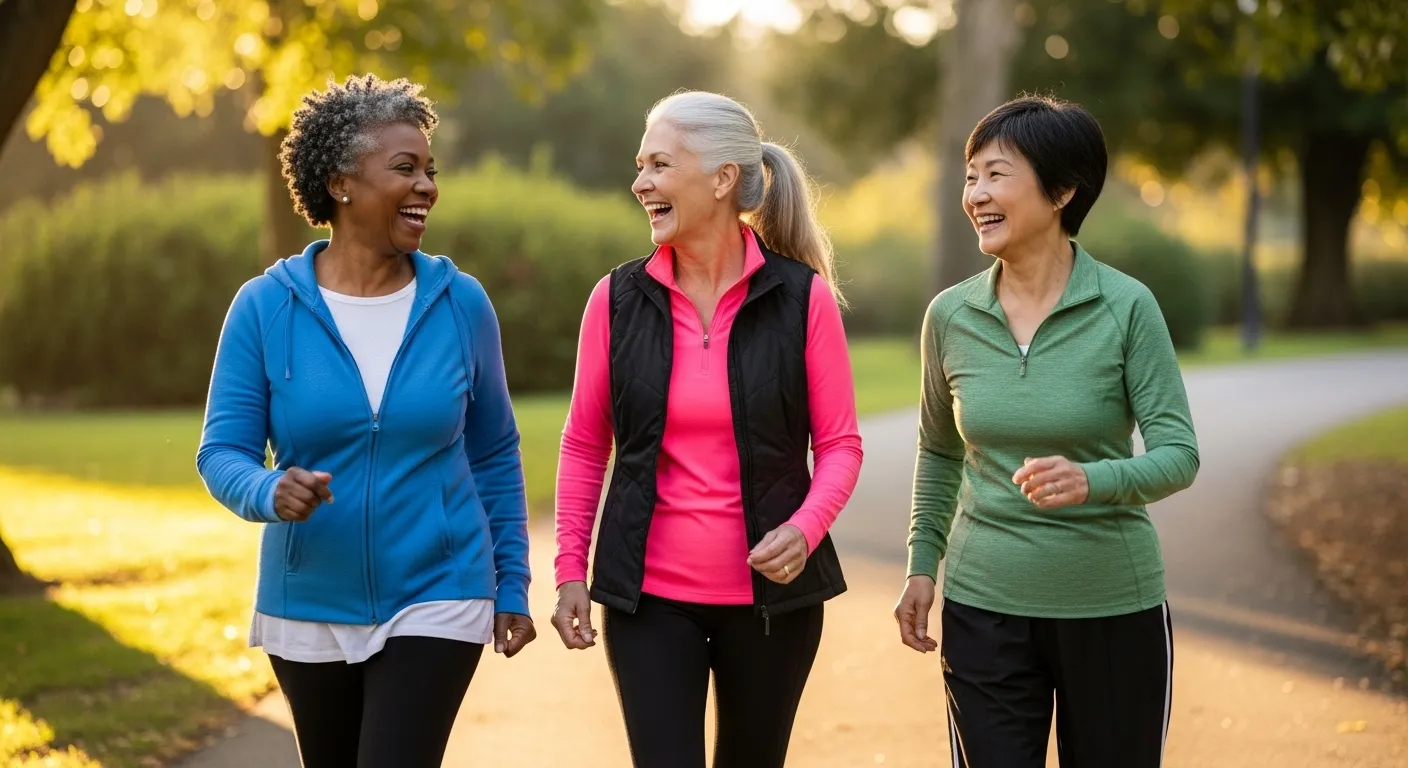 Three diverse senior women laughing together while walking on a path in a sunny park.
