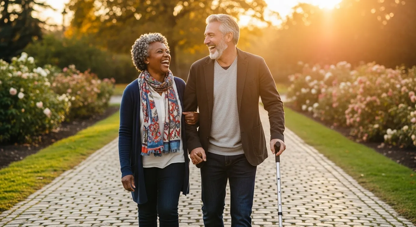 An older couple laughs warmly while walking arm-in-arm on a cobblestone path during a sunny evening. One person uses a walking cane.