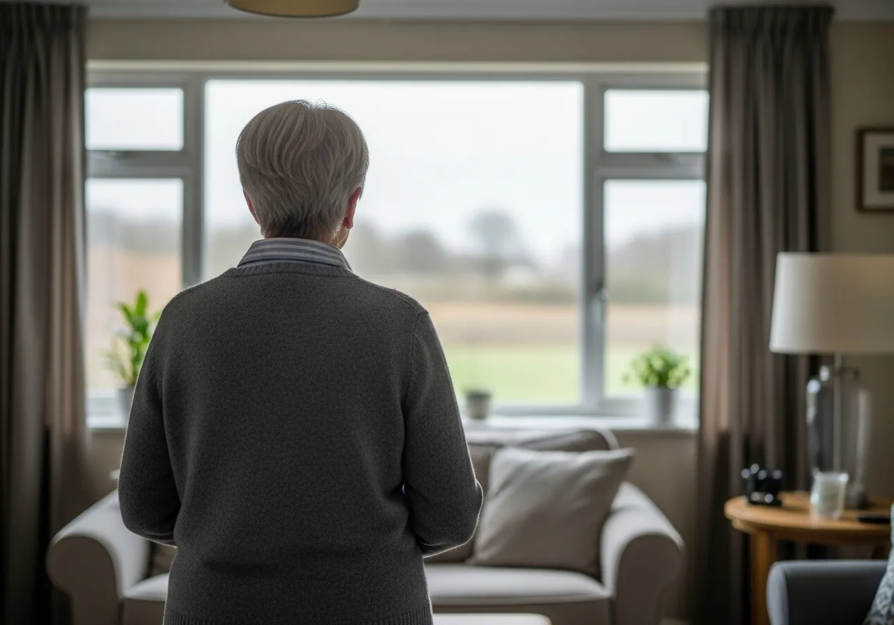 An older person stands looking out a window on a quiet, overcast morning, establishing a daily routine.