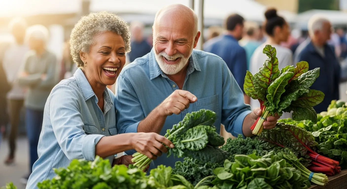 A smiling senior man and woman happily choose fresh vegetables at an outdoor farmer's market on a sunny day.