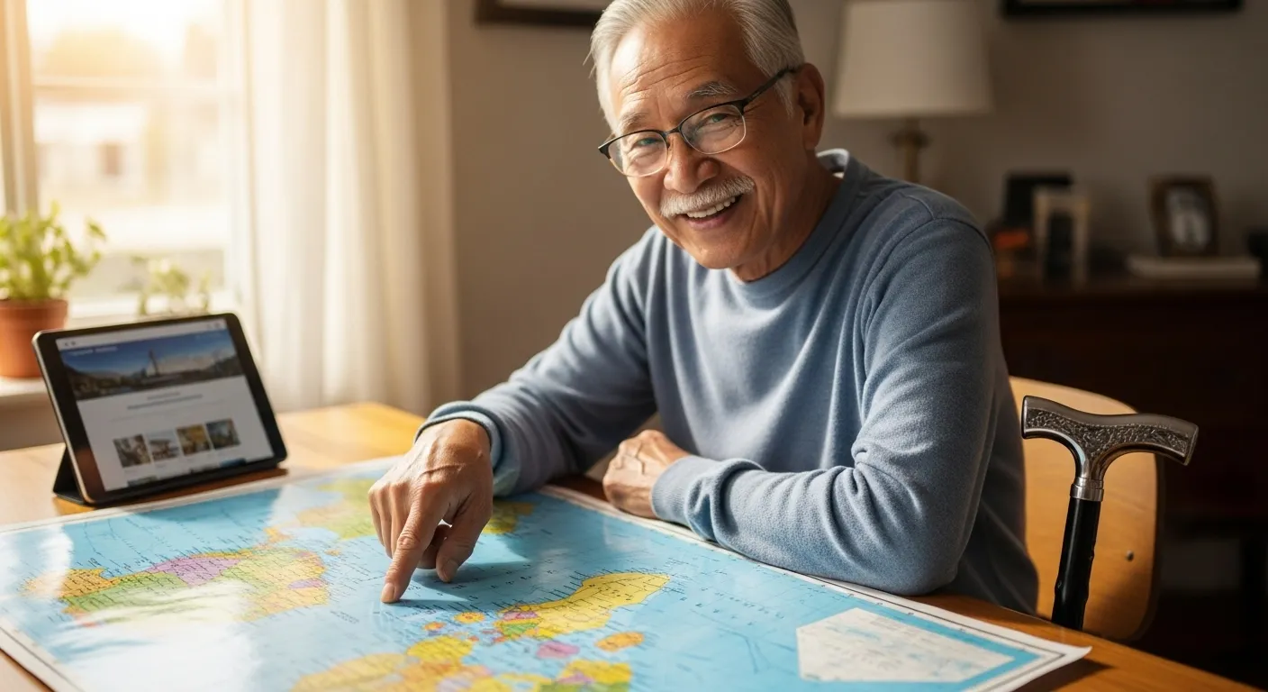 A senior man with glasses smiles while looking at a large-print map and a tablet on his desk, planning a trip.