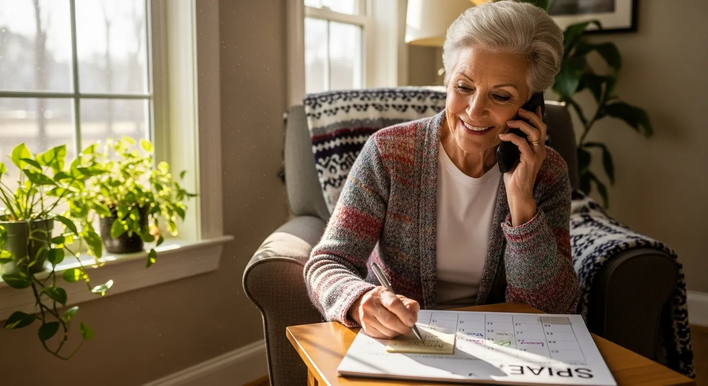 A smiling older woman talks on the phone in a sunny living room while writing in a calendar.