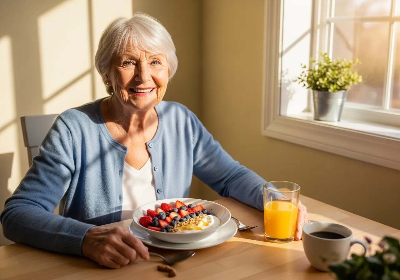 A smiling senior woman sits in a sunny kitchen, about to eat a healthy breakfast bowl of yogurt and fresh berries.