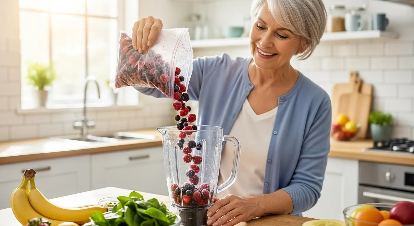 A smiling older woman in a bright kitchen pours colorful frozen berries into a blender to make a smoothie.