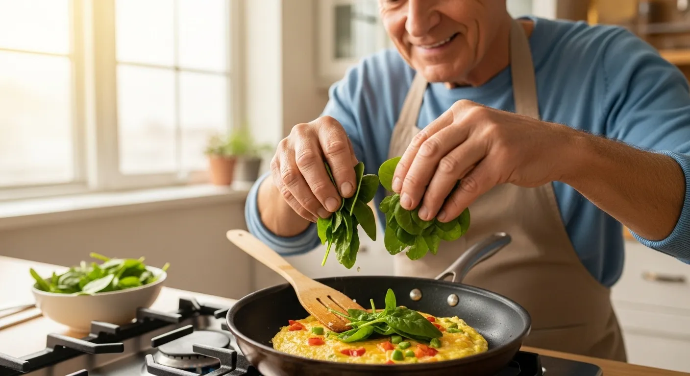 A senior man with a gentle smile adds fresh spinach to a yellow omelet cooking in a pan in a brightly lit kitchen.