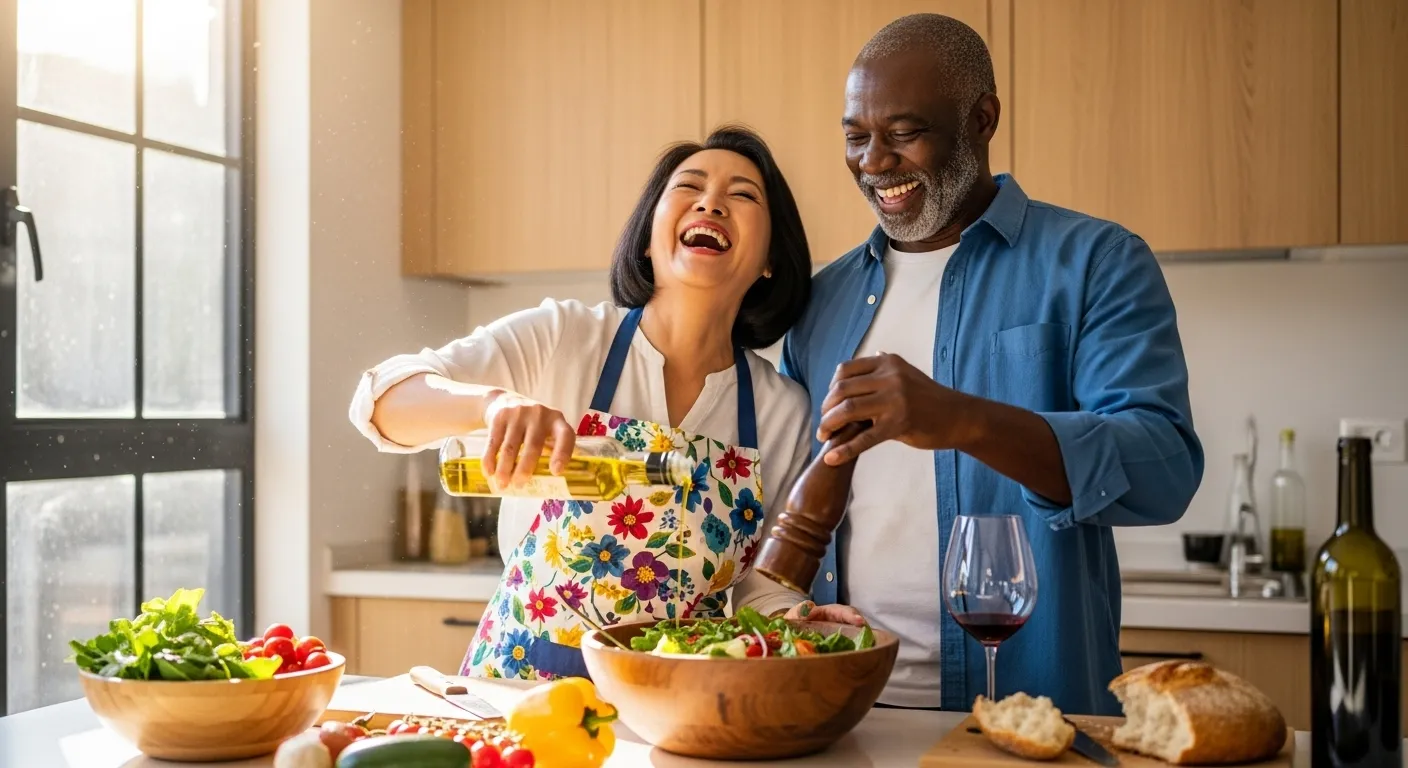 A smiling senior couple joyfully prepares a large, healthy salad together with olive oil and fresh pepper in a bright, sunny kitchen.