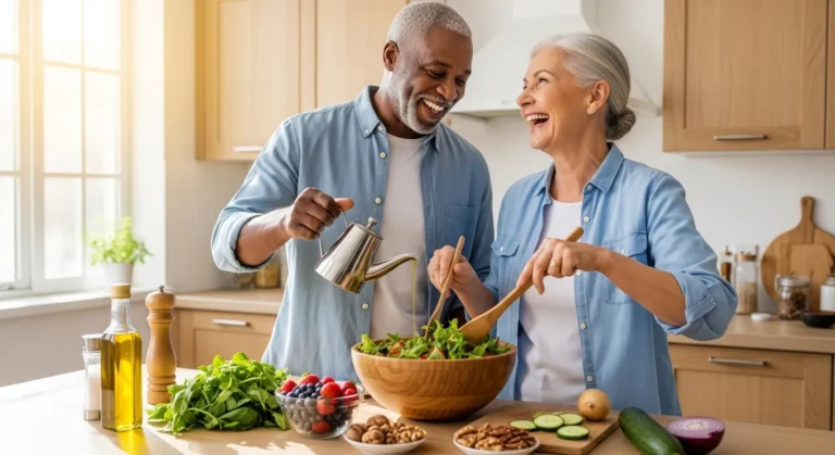 A senior man and woman laugh together while making a large, colorful salad in a bright kitchen filled with natural light.