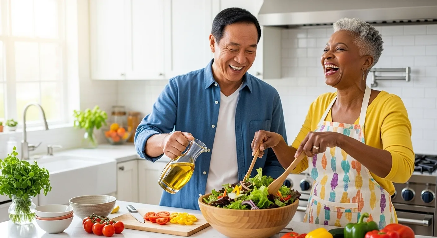 A senior man and woman laugh together as they make a large, fresh salad in a sunlit kitchen.