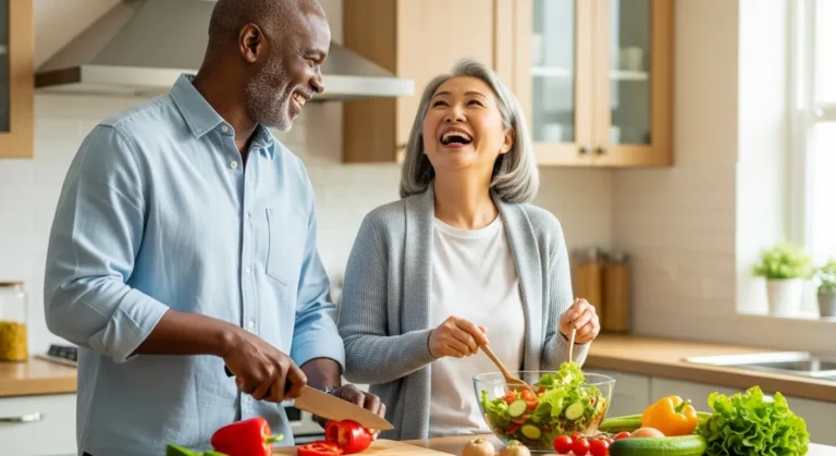A smiling, older multiethnic couple happily prepares a healthy salad together in their bright, modern kitchen.