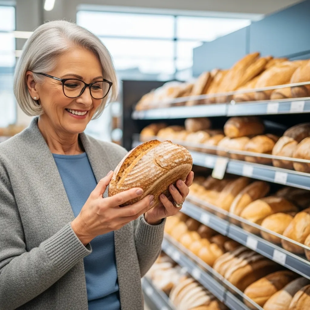 A smiling older woman in a grocery store aisle selects a loaf of whole-grain bread, making a healthy food choice.