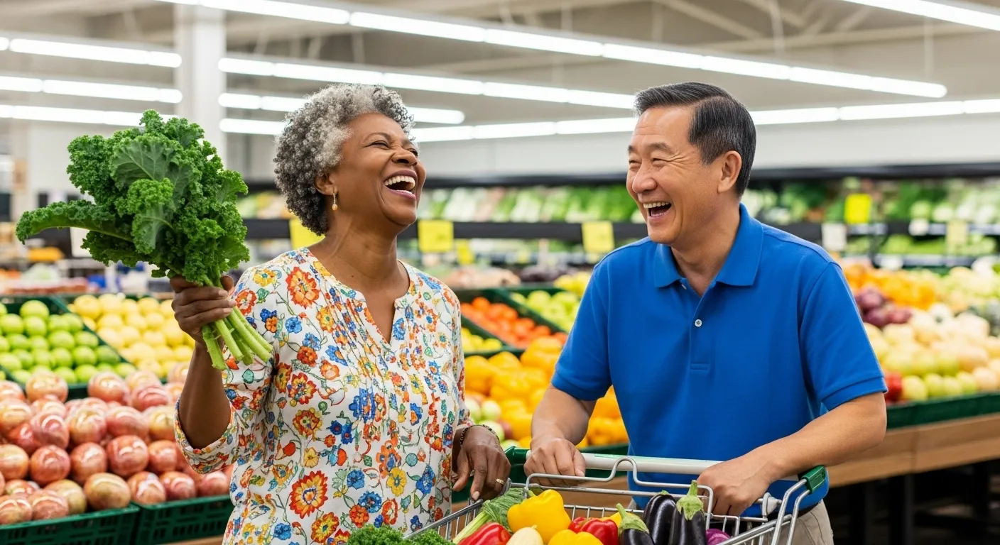 An older, diverse couple laughs together while choosing fresh leafy greens in the produce aisle of a supermarket.