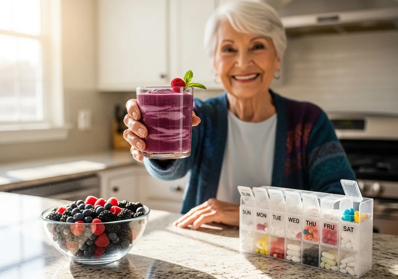 A smiling senior woman in a bright kitchen proudly holds a glass of a dark berry smoothie. A pill caddy is on the counter behind her.