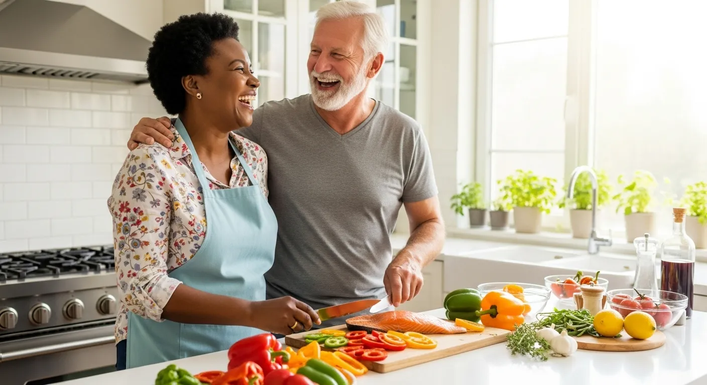 A senior man and woman smile happily as they prepare a healthy meal of salmon and fresh vegetables together in a sunny kitchen.