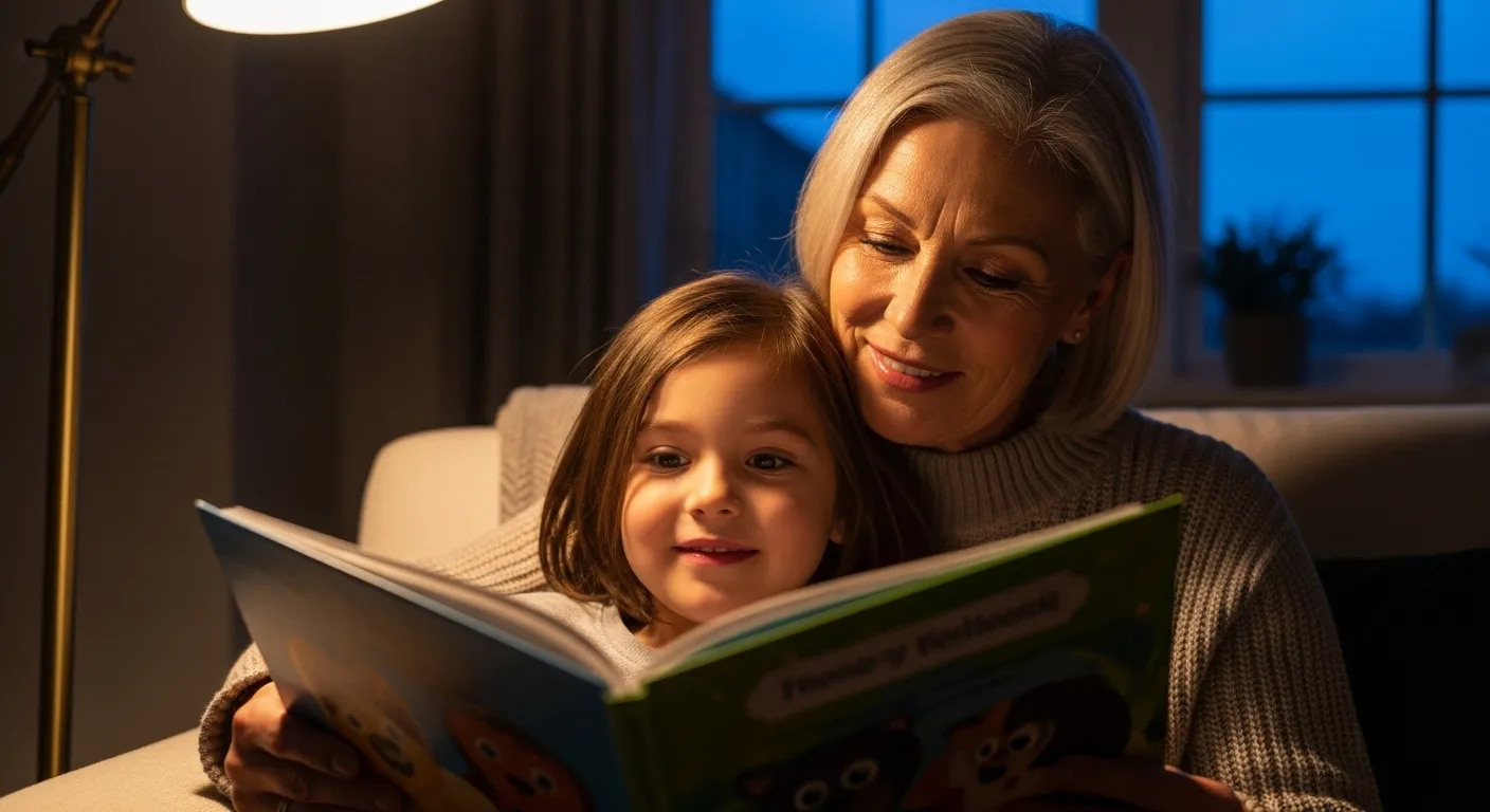A close-up of a grandmother and her grandchild smiling as they read a book together in a softly lit, cozy living room.
