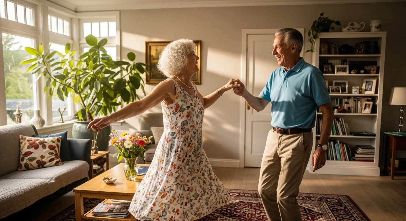 A happy older couple laughs while dancing together in their sunlit living room.