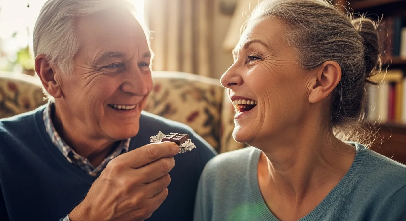 An older man warmly offers a piece of dark chocolate to his laughing wife in a brightly lit room, both with joyful expressions.