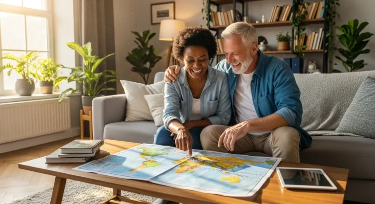 A senior man and woman smile happily as they sit on a couch in a sunny room, looking at a large world map on the table in front of them.