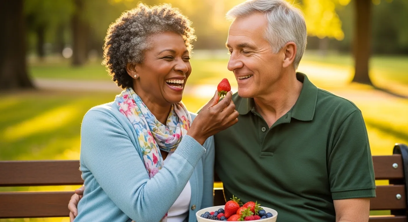 A senior man and woman laugh together on a park bench in the late afternoon sun while sharing a bowl of fresh berries.