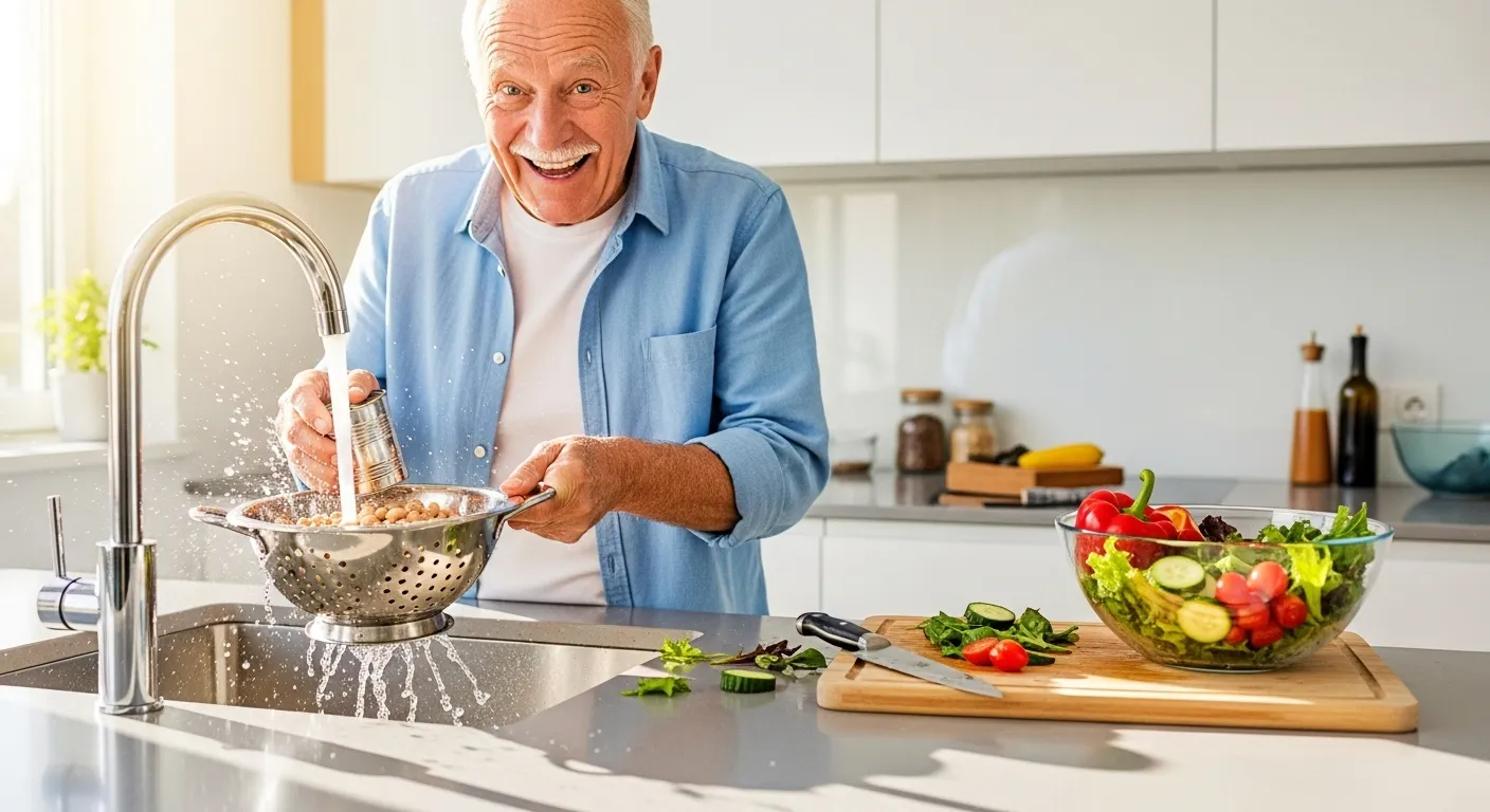 A smiling senior man rinses beans in a colander in a sunny kitchen, preparing a healthy meal.