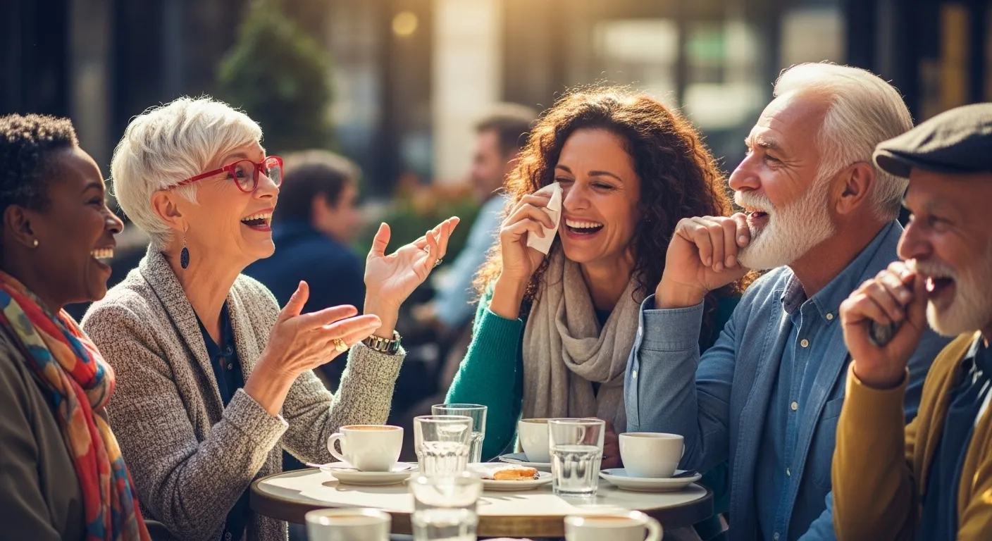 Three smiling older friends in their 60s and 70s enjoy a vibrant conversation together at an outdoor table.