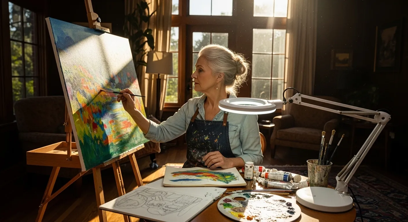 A senior woman stands at an easel, intensely focused on painting in a room filled with bright sunlight and long shadows.