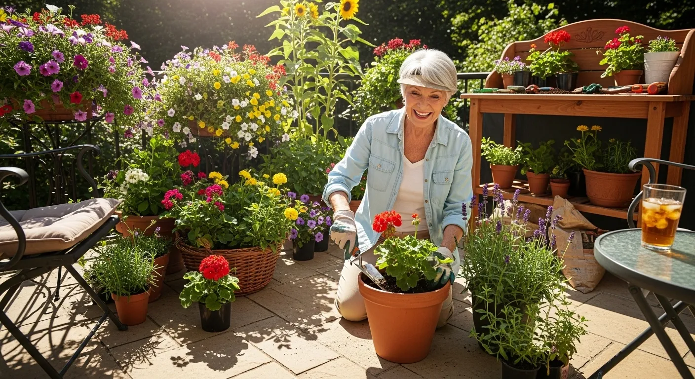 A senior woman smiles while tending to her colorful plants on a bright, sunny patio.