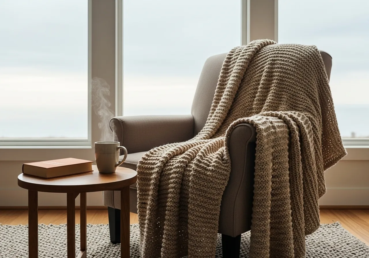 An inviting armchair with a blanket sits by a window on an overcast day, with a book and a cup of tea on a side table, creating a peaceful scene for r