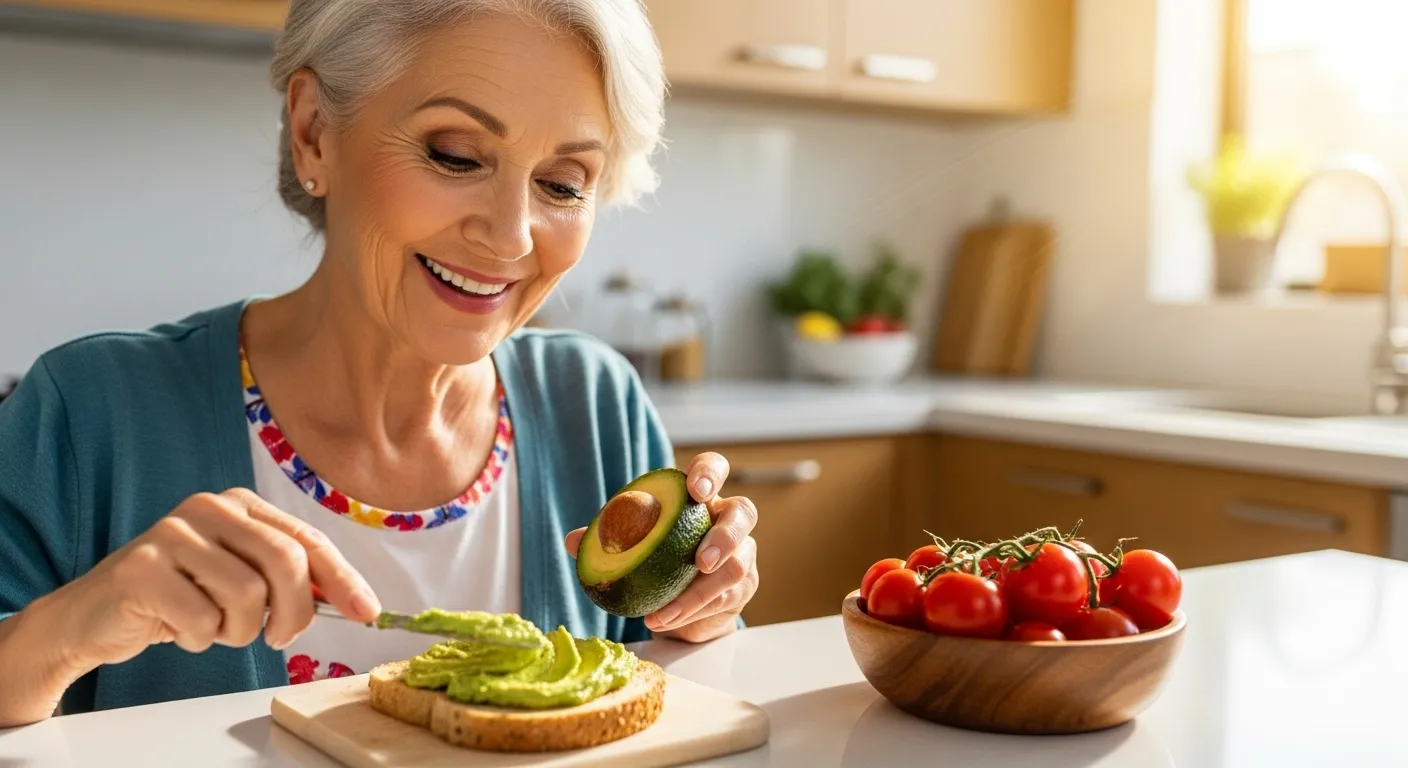 A smiling older woman prepares healthy avocado toast in her bright, sunny kitchen in the morning.