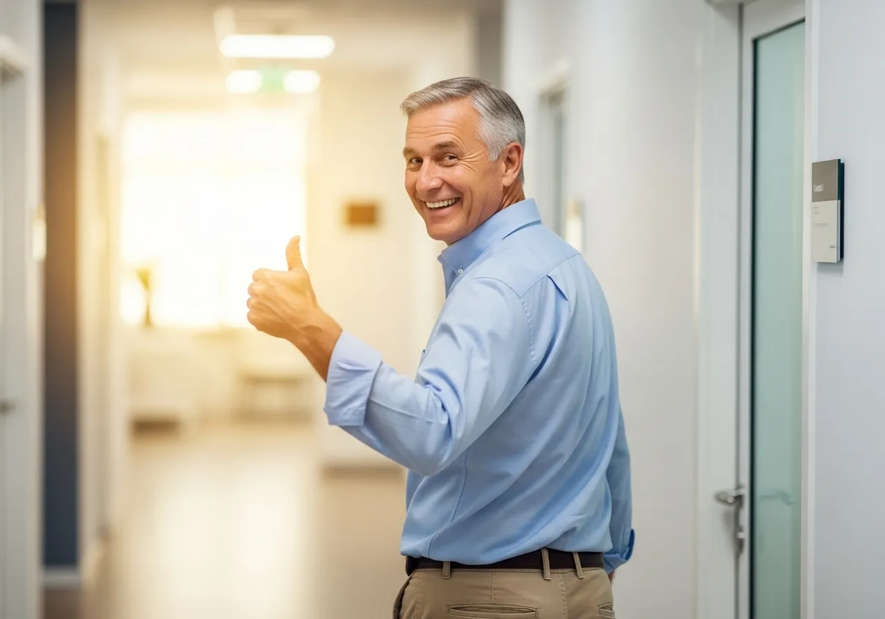 A senior man smiles and gives a thumbs-up in a well-lit hallway of a medical clinic after a successful check-up.