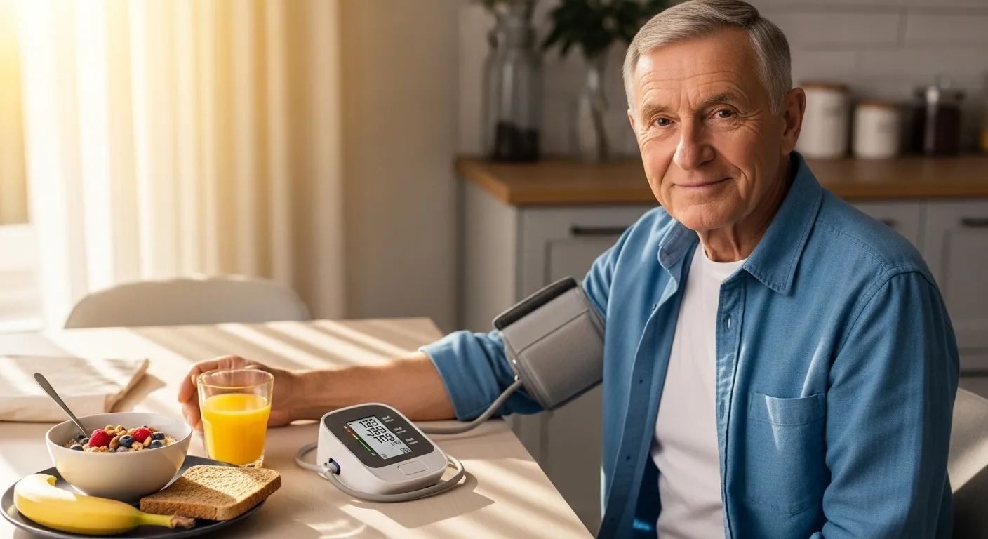 A senior man smiles contentedly at his kitchen table next to a blood pressure monitor, having just checked his reading as part of his morning routine.