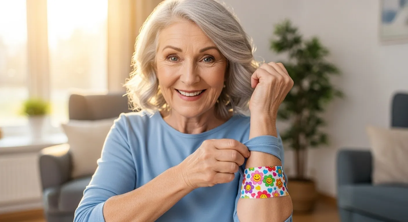 A smiling senior woman proudly shows the small, colorful bandage on her arm after getting a blood test in her home.