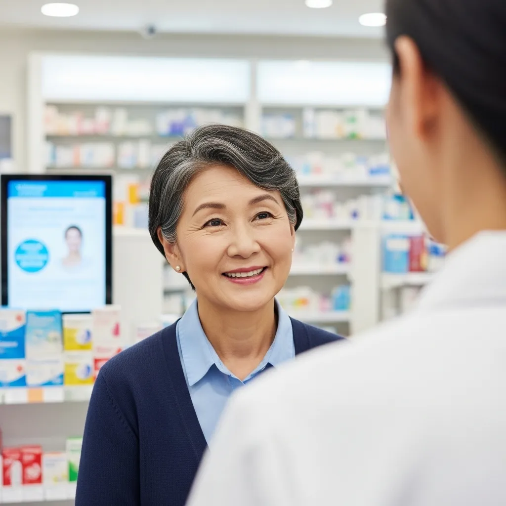 A senior woman smiles warmly while consulting with a pharmacist in a bright, modern setting.