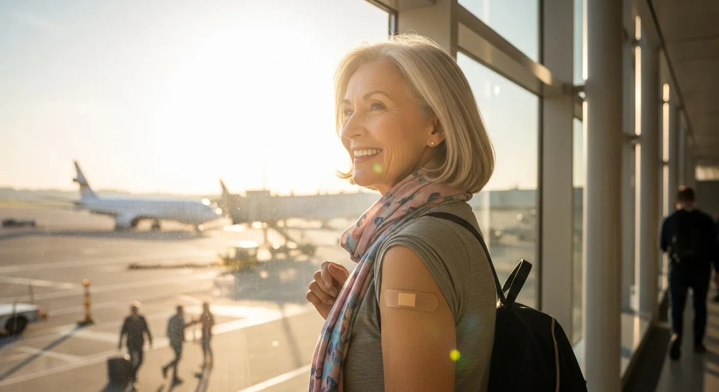 A smiling senior woman with a vaccine band-aid on her arm looks out a bright window at an airport, appearing happy and ready to travel.