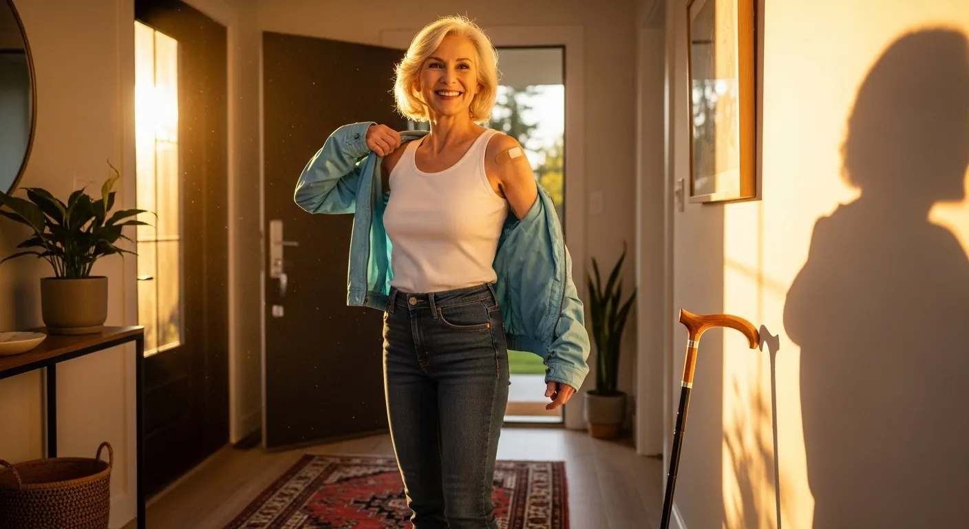A smiling senior woman with a bandage on her arm stands in a sunny entryway next to a walking cane, looking happy and relieved.