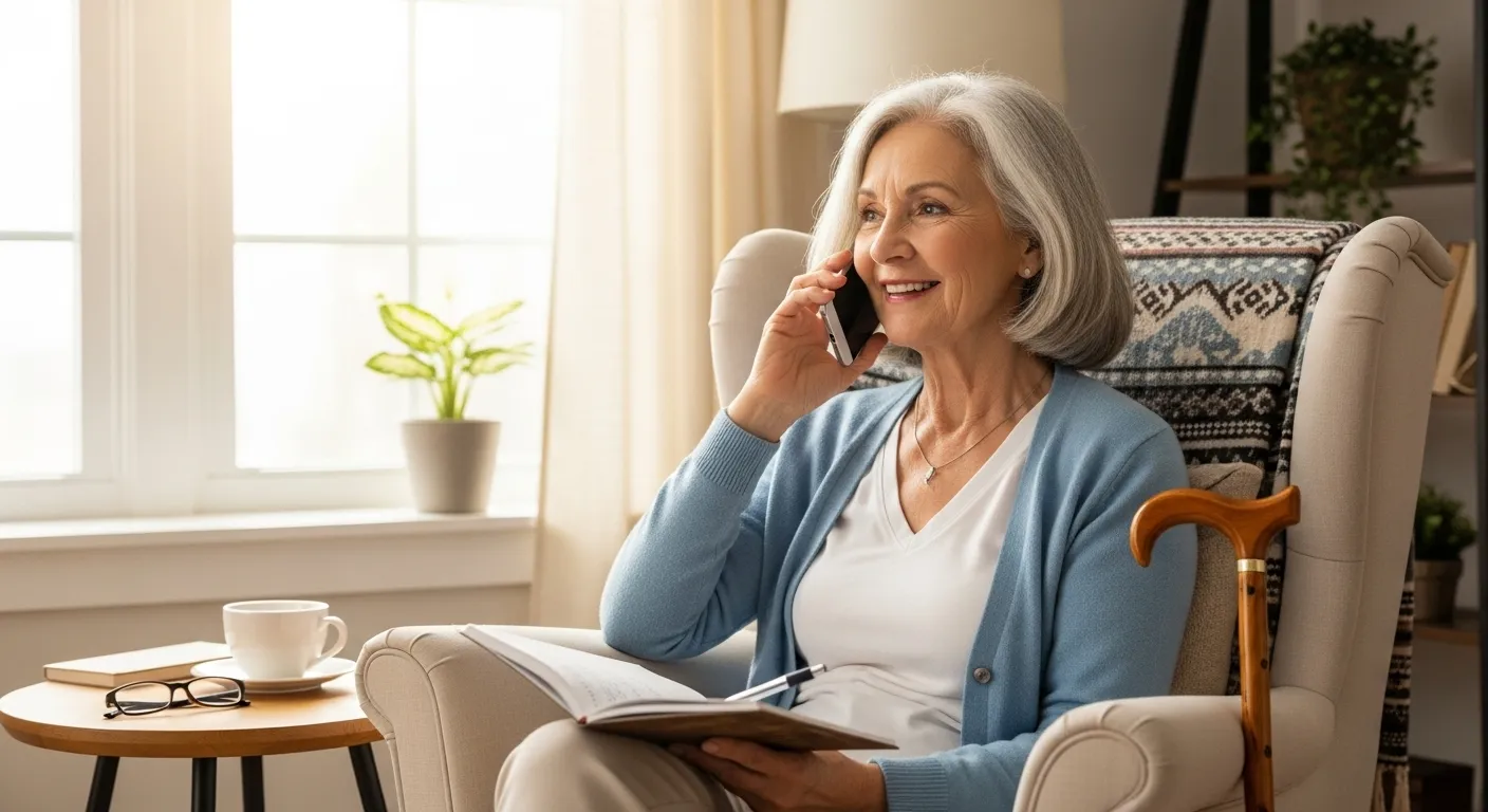 A senior woman smiles while on a phone call in her bright living room, holding a notepad and pen.