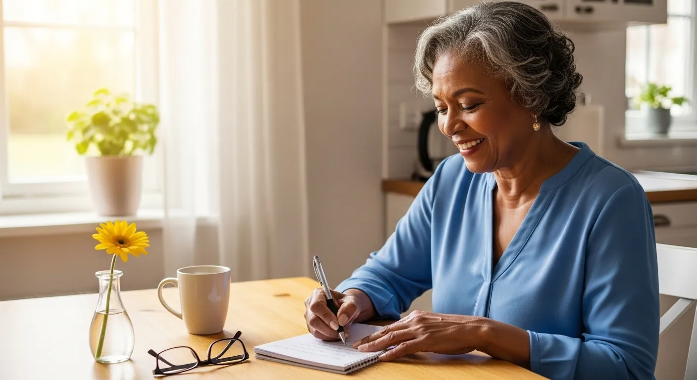 A smiling senior woman sits at a sunny kitchen table, writing notes on a pad of paper in preparation for an appointment.