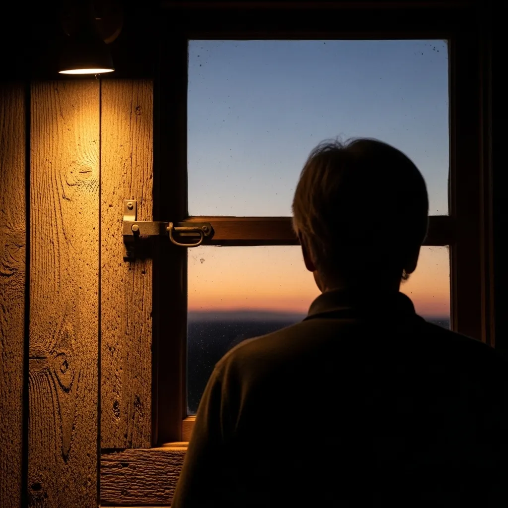 An unidentifiable older person stands at a window in the evening, in a calm, warmly lit room, looking outside.