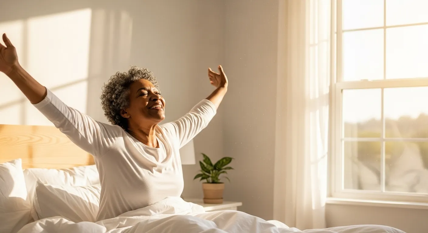 A senior woman with gray hair smiles joyfully as she stretches in bed, with bright morning sunlight streaming into her room.