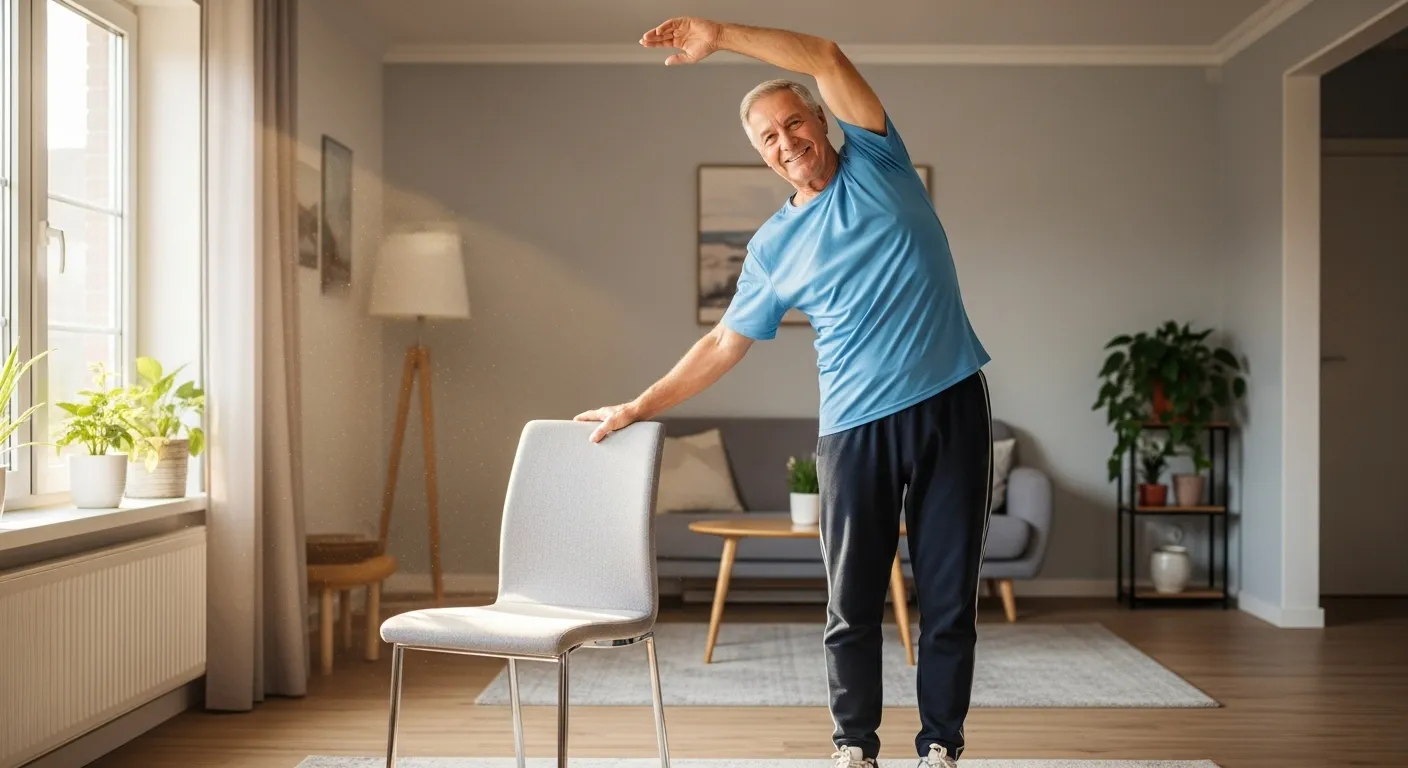 A smiling older man uses a dining chair for balance while doing a standing stretch in his sunlit living room.