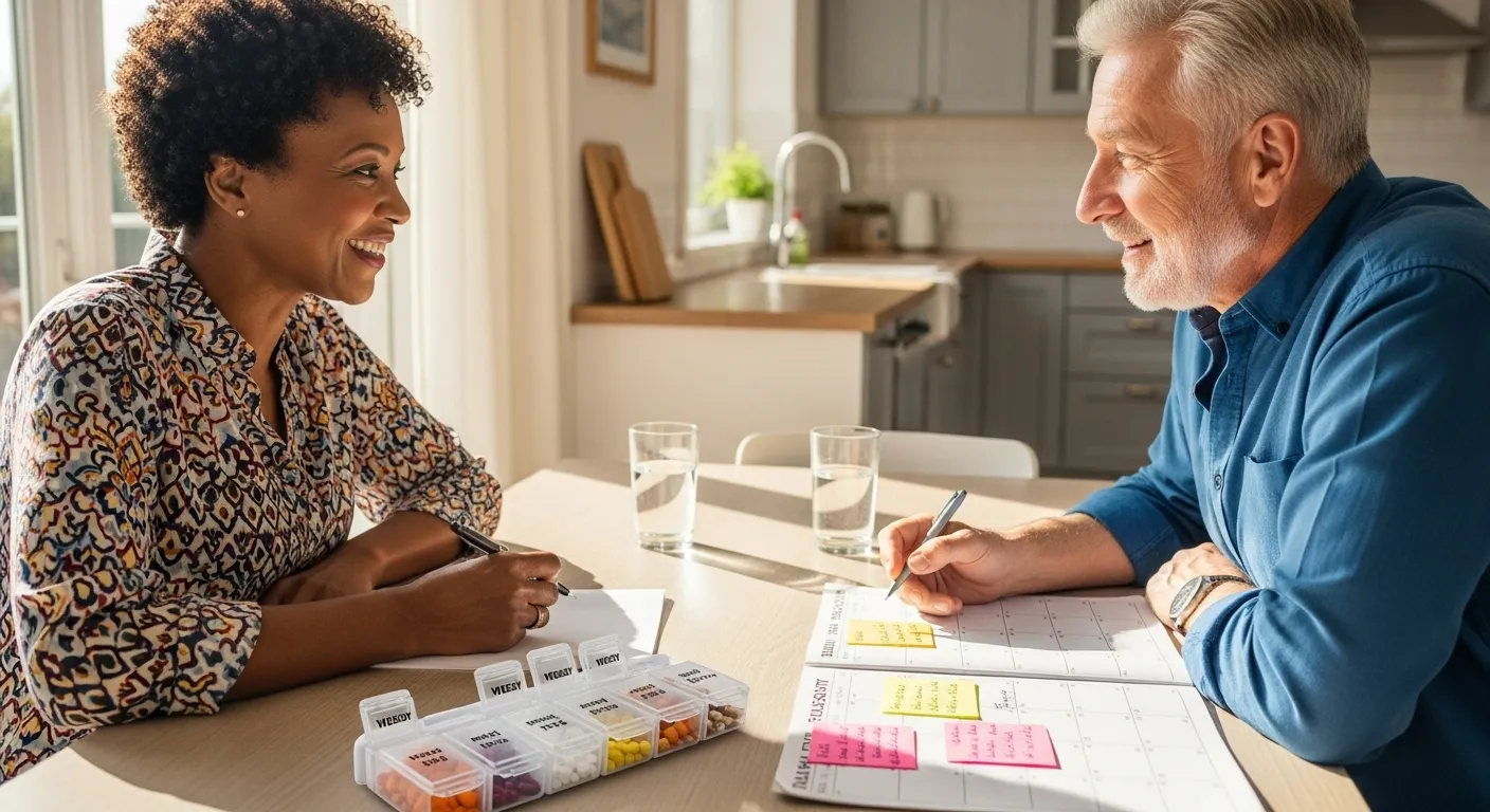A happy senior couple sits at a bright kitchen table, looking at a calendar together and smiling.