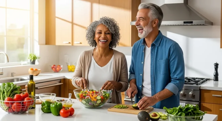 A happy senior man and woman of different ethnicities share a laugh while chopping colorful vegetables together in a bright, sunny kitchen.
