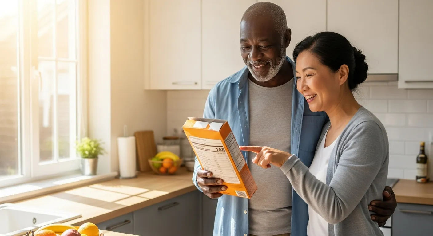 An older couple smiles together in a sunny kitchen, looking at the nutrition information on a cereal box.