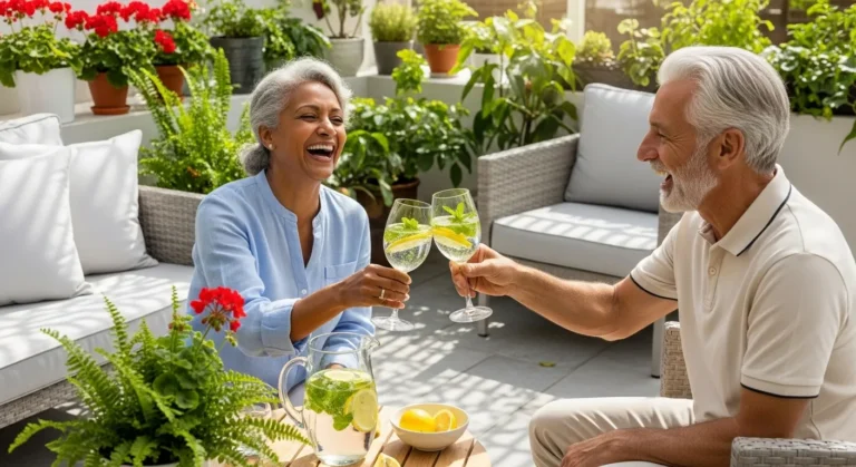 A smiling older man and woman touch their glasses together in a toast. The glasses are filled with water, lemon, and mint on a sunny patio.
