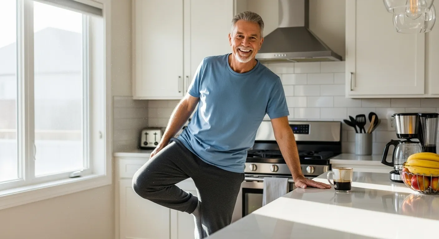A smiling senior man in a sunlit kitchen practices a one-leg balance exercise while holding onto the countertop.