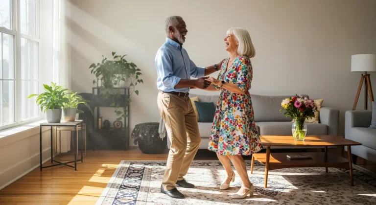 A happy senior couple dances energetically together in their sunlit living room, smiling and full of life.