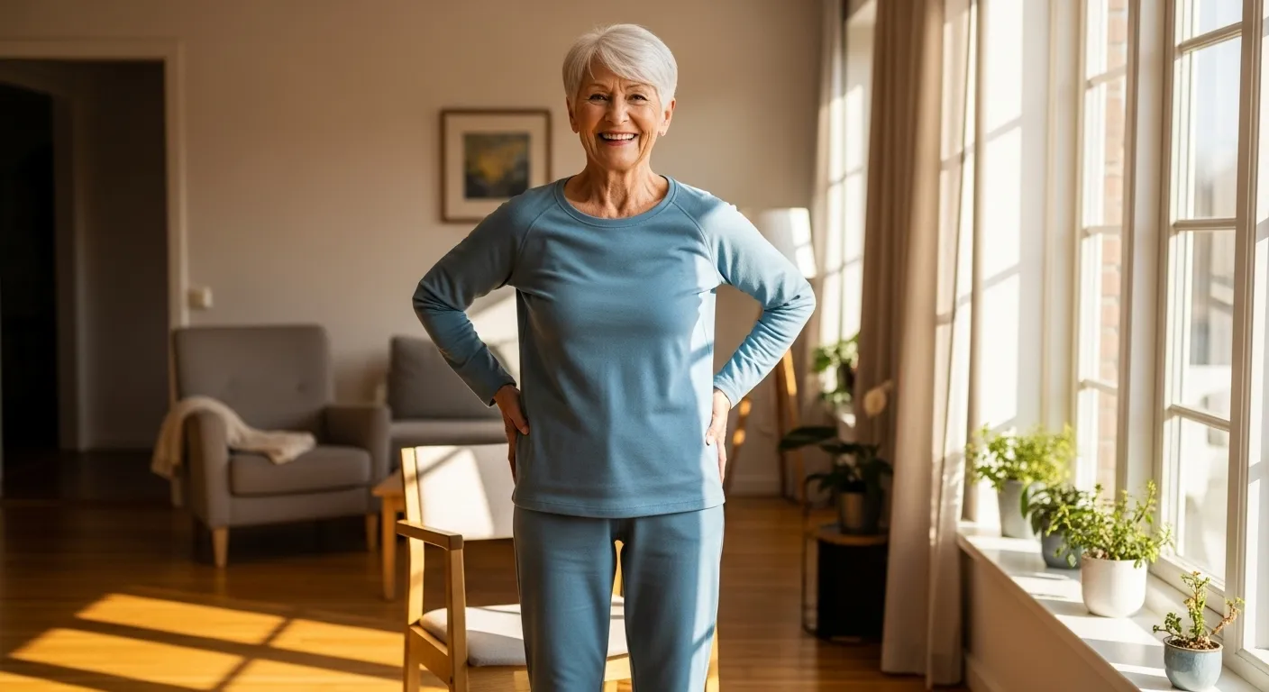 A smiling older woman in activewear stands confidently in her living room, having just performed a chair exercise to improve strength.