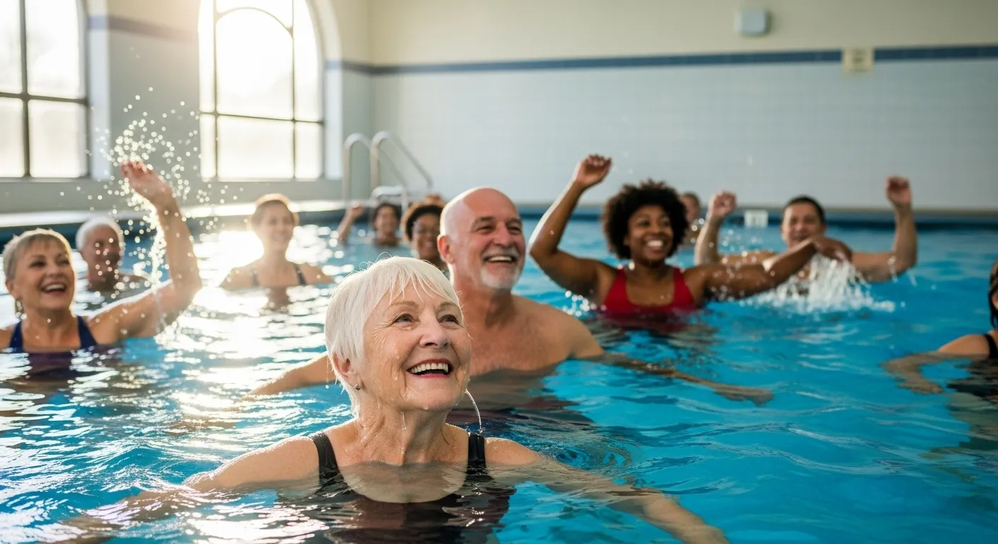 A diverse group of older adults laugh and splash together during a lively water aerobics class in a sunlit swimming pool.
