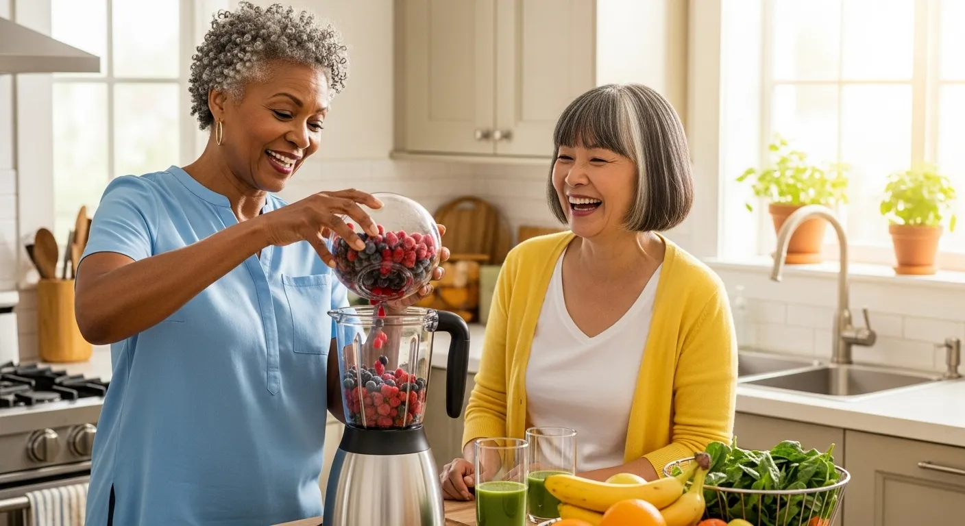 Two diverse senior women friends smile and laugh together in a sunny kitchen while preparing a healthy fruit smoothie.