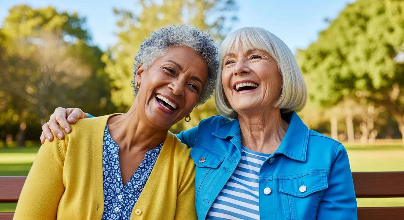 An older Black woman and an older white woman laugh together while sitting close on a park bench on a sunny day.