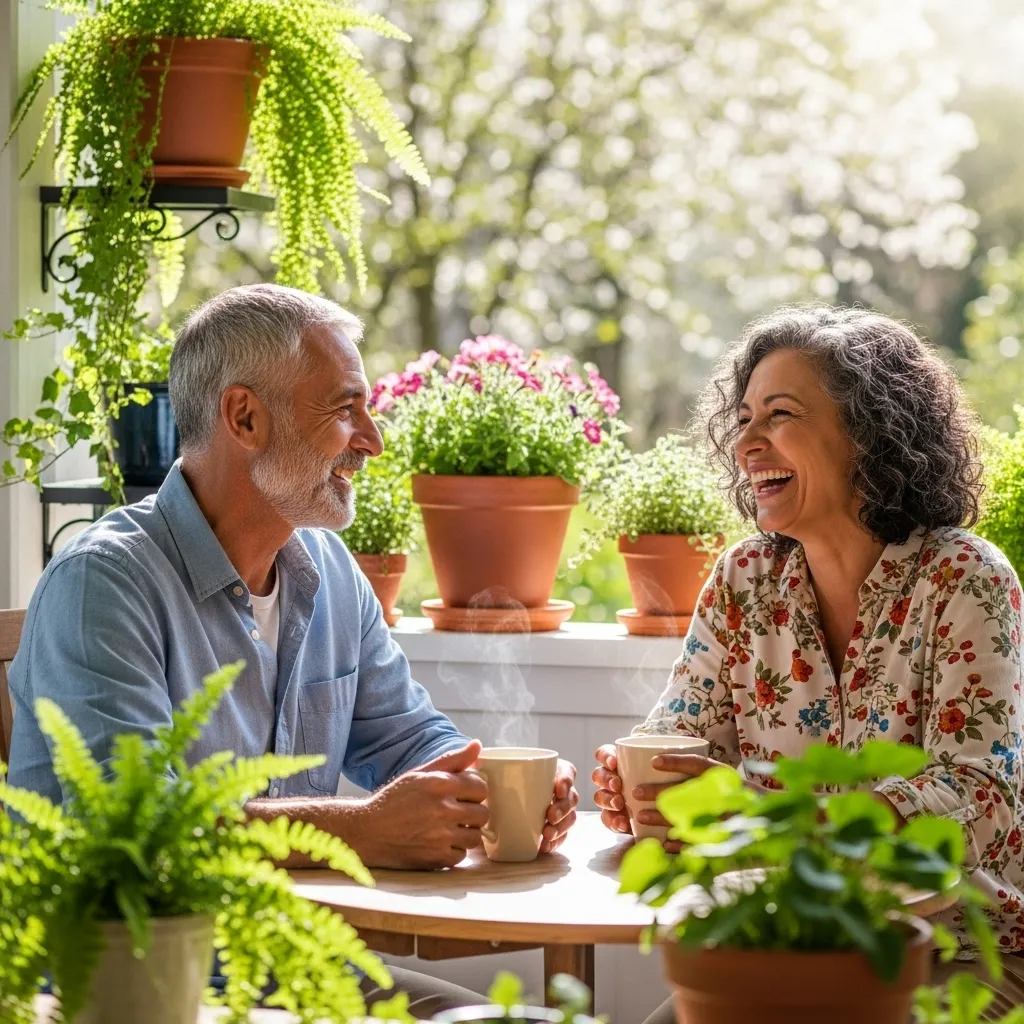 A senior man and woman of different ethnicities laughing together while drinking coffee on a sunny porch.